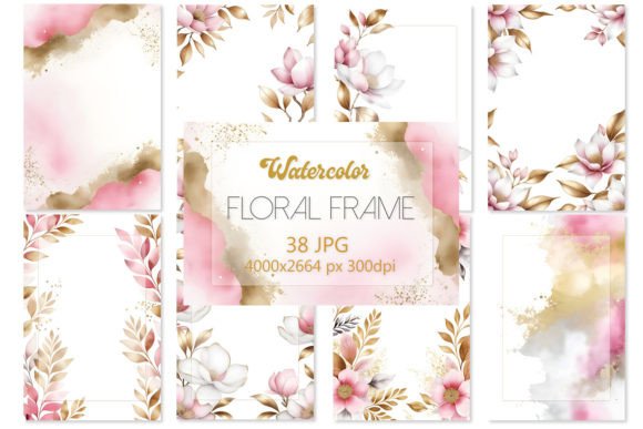 Floral Watercolor Frame Backgrounds 3: Pink & Gold Design Assets
